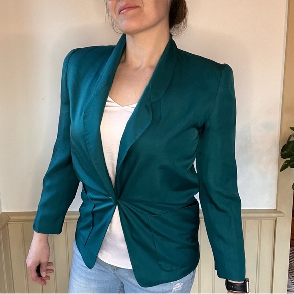 Vintage Evan Picone Silk Emerald Blazer  Lined Front Button Single Breasted - Picture 2 of 9
